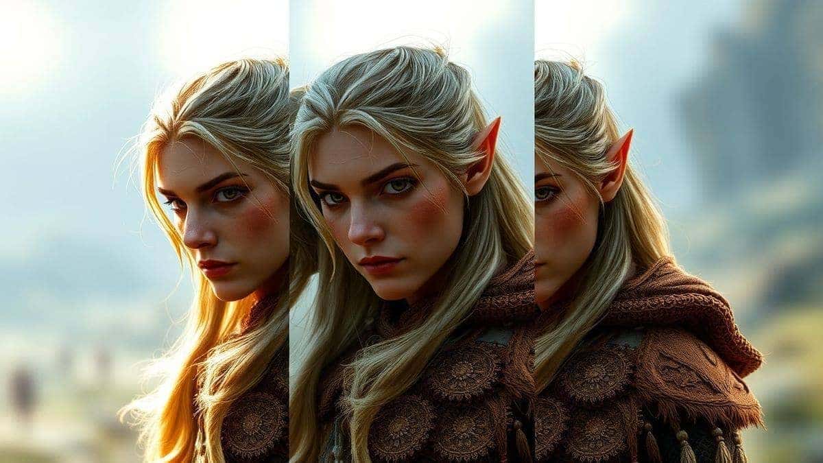 Split screen showing three iterations of the same elven warrior prompt, each improving in detail, lighting, and sharpness, with the final image being highly photorealistic, generated by Flux AI Split screen showing three iterations of the same elven warrior prompt, each improving in detail, lighting, and sharpness, with the final image being highly photorealistic, generated by Flux AI
