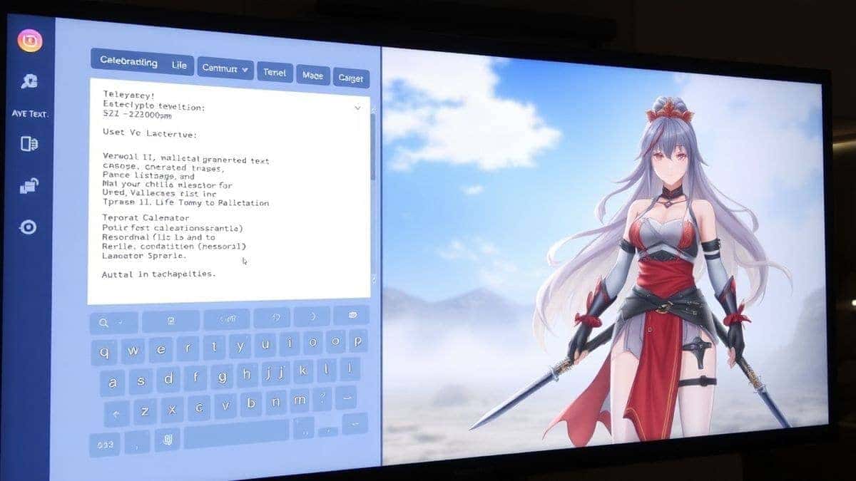 Split screen showing a user typing a detailed prompt into a text box on the left, and a stunning generated anime warrior woman appearing on the right, clean UI, bright colors Split screen showing a user typing a detailed prompt into a text box on the left, and a stunning generated anime warrior woman appearing on the right, clean UI, bright colors