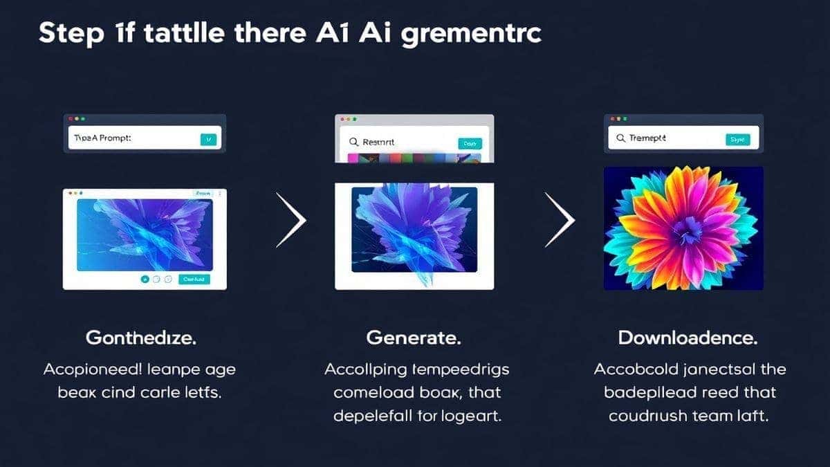 Step by step visual guide showing a user typing a prompt into the free AI image generator, clicking generate, and downloading the resulting beautiful digital art, clean interface, bright colors, instructional design Step by step visual guide showing a user typing a prompt into the free AI image generator, clicking generate, and downloading the resulting beautiful digital art, clean interface, bright colors, instructional design