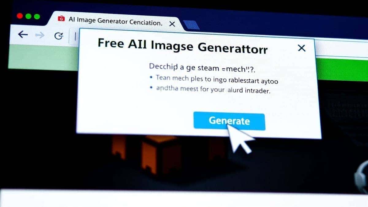 Close up shot of a computer screen showing the Free AI Image Generator prompt box filled with text describing a steam mech, cursor ready to click the generate button, web browser UI, sharp focus Close up shot of a computer screen showing the Free AI Image Generator prompt box filled with text describing a steam mech, cursor ready to click the generate button, web browser UI, sharp focus