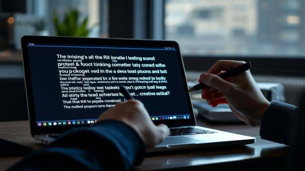 person writing detailed prompt for AI image generator, laptop screen showing prompt, creative process, professional, 4k person writing detailed prompt for AI image generator, laptop screen showing prompt, creative process, professional, 4k