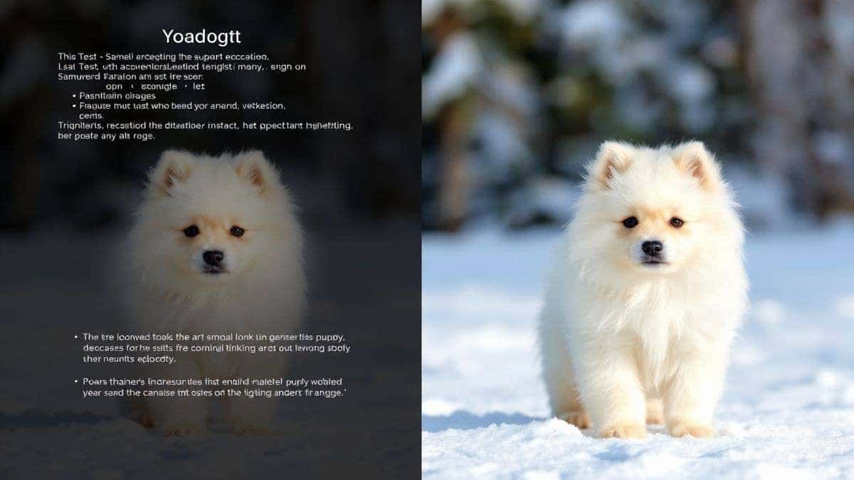 split screen showing text description of a Samoyed puppy in snow on the left, and the resulting AI generated image on the right, demonstration style, clean design split screen showing text description of a Samoyed puppy in snow on the left, and the resulting AI generated image on the right, demonstration style, clean design