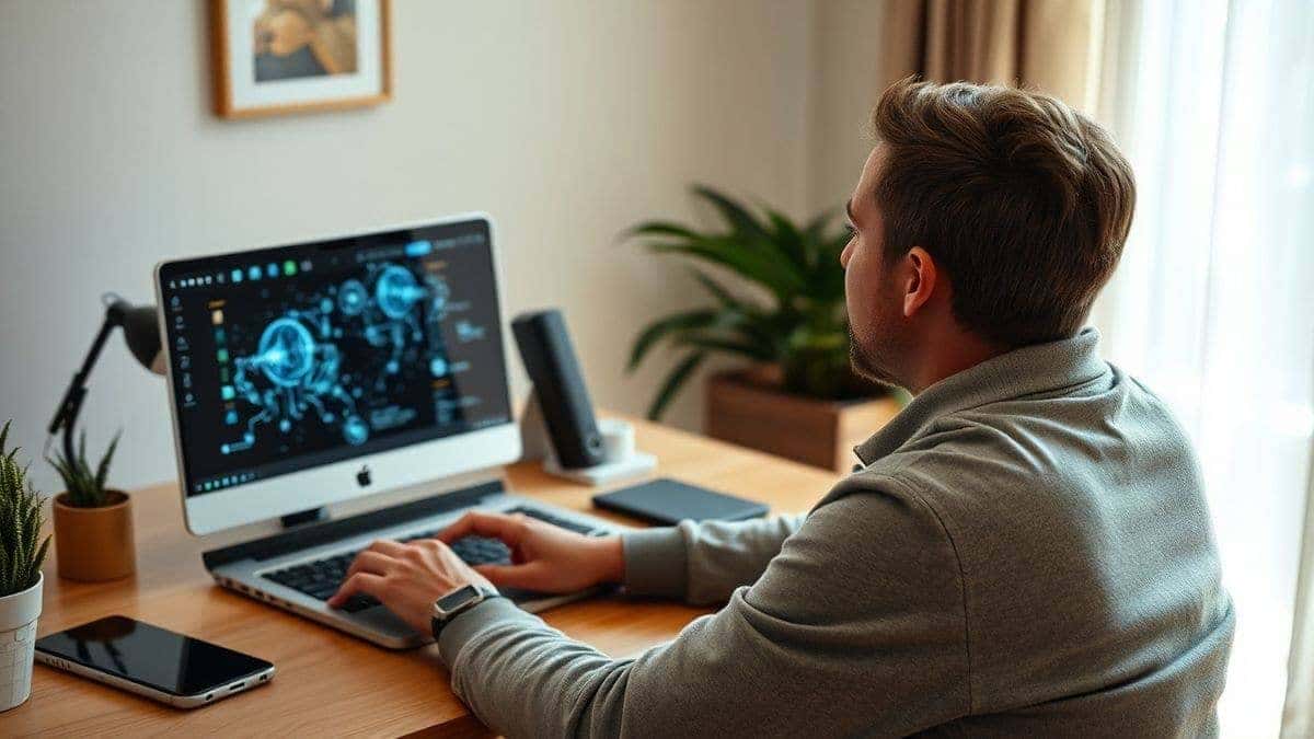 A person sitting at a desk looking amazed at a laptop screen showing AI generated artwork, cozy modern office, natural lighting, 4k, high detail