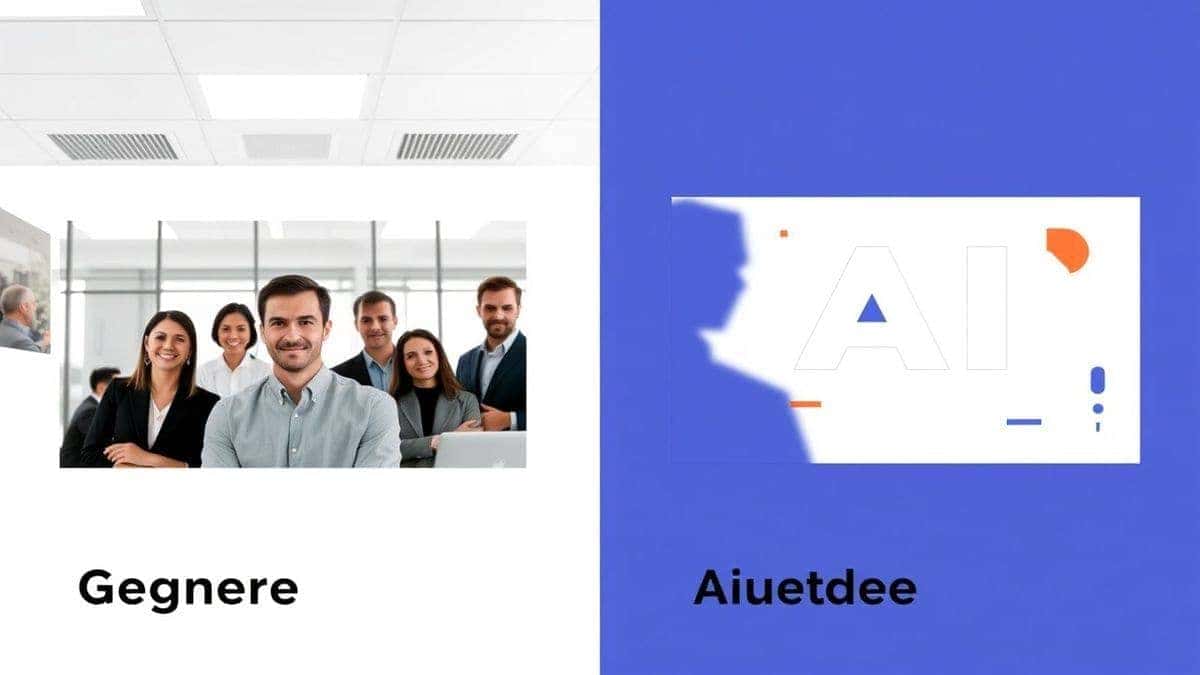 Split screen comparison showing a generic, overused stock photo of an office team on the left, and a unique, stylized AI-generated brand image on the right, highlighting the difference in creativity and originality Split screen comparison showing a generic, overused stock photo of an office team on the left, and a unique, stylized AI-generated brand image on the right, highlighting the difference in creativity and originality