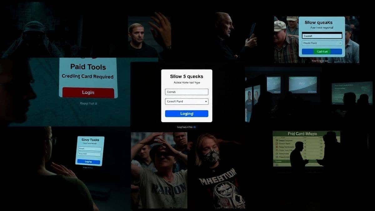 collage of frustrating experiences with paid tools: credit card required, watermarked images, login screens, and slow queues, dramatic lighting, realistic style collage of frustrating experiences with paid tools: credit card required, watermarked images, login screens, and slow queues, dramatic lighting, realistic style