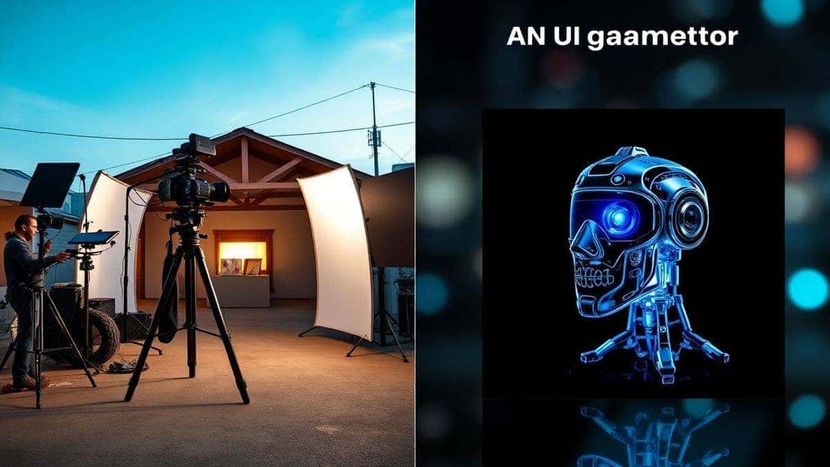 Split screen comparison showing traditional photoshoot on left with expensive equipment and team, versus AI image generator on right showing instant digital creation, futuristic marketing concept, professional quality Split screen comparison showing traditional photoshoot on left with expensive equipment and team, versus AI image generator on right showing instant digital creation, futuristic marketing concept, professional quality
