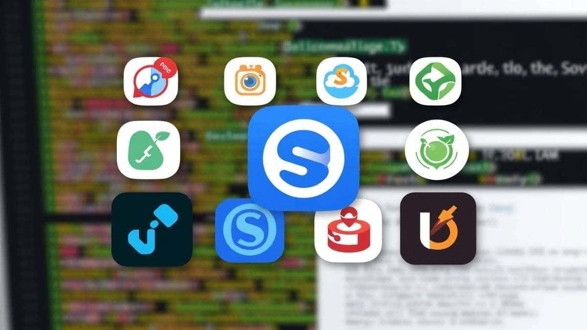 Collage of icons from popular image optimization tools like TinyPNG, Squoosh, and ImageOptim, arranged neatly on a blurred background of website code, 4k