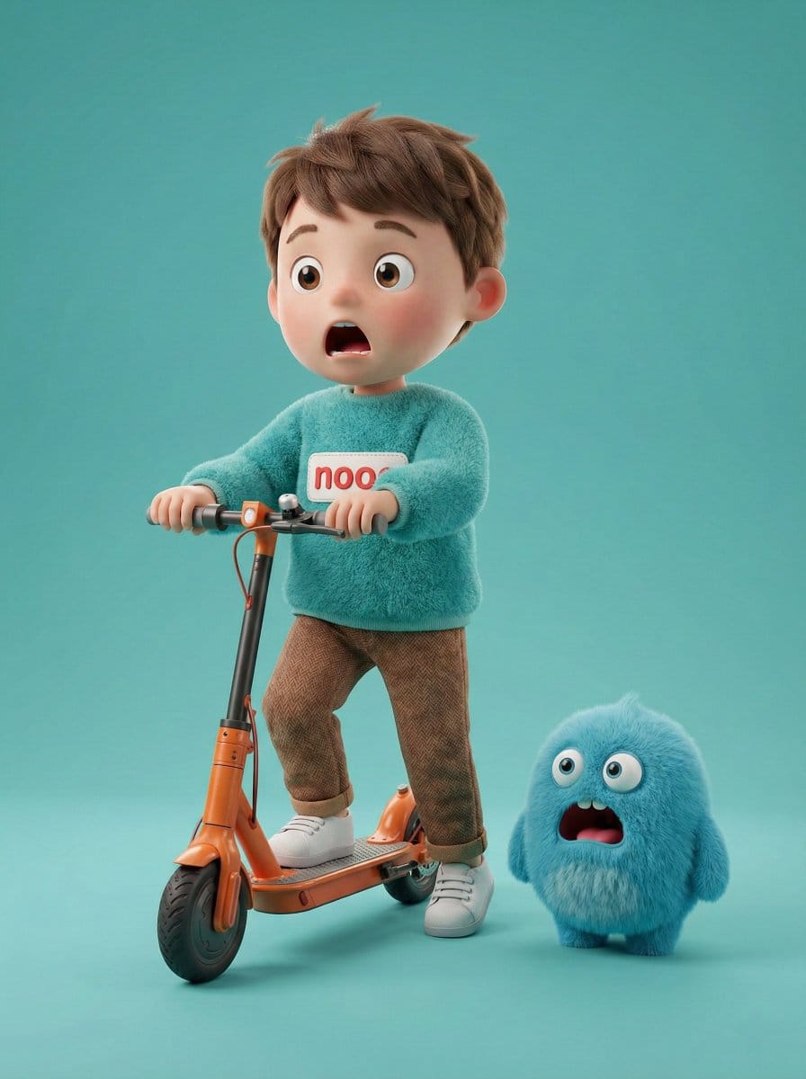 3D Render of Boy and Furry Monster on Scooter