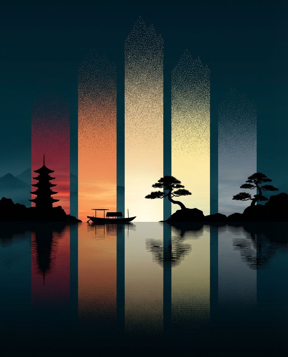 Abstract Eastern Zen Landscape with Time-Slice Lighting
