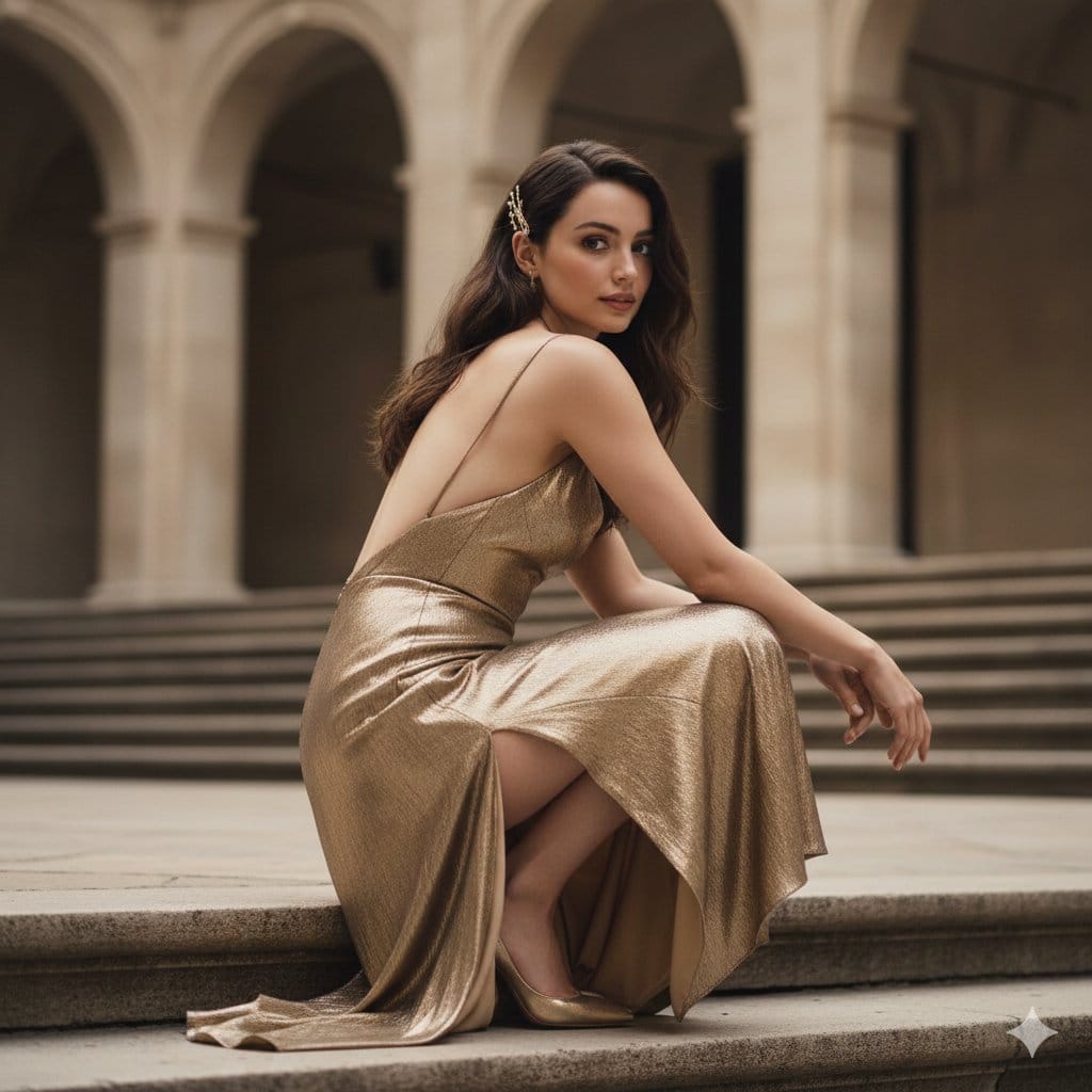 Ana de Armas Golden Gown Courtyard Portrait