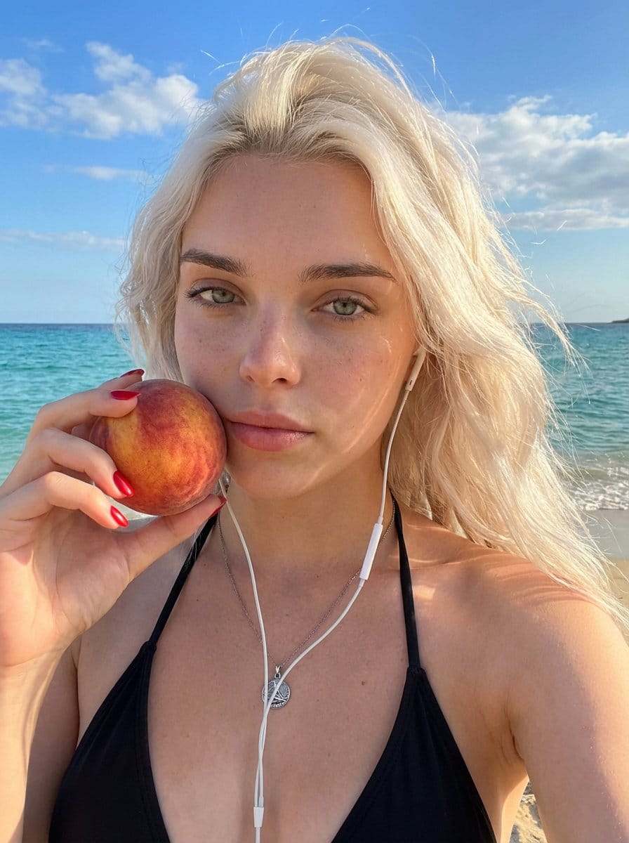 Beach Selfie Portrait with Peach Fruit