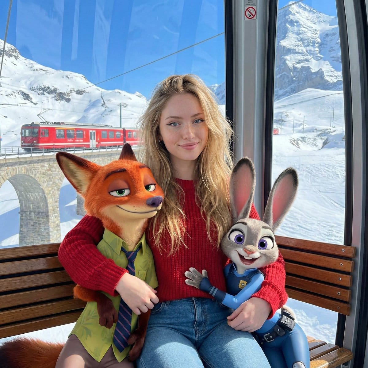 Blending Photorealistic Human with Zootopia Characters in a Cable Car