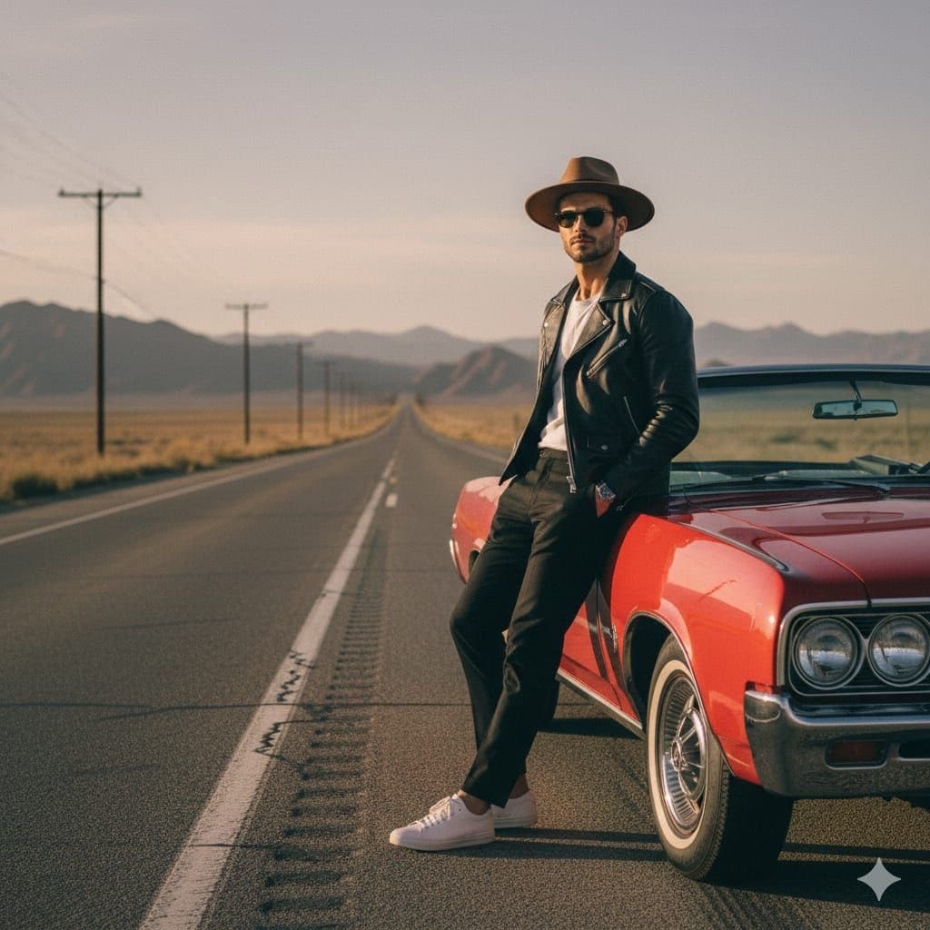 Cinematic Desert Highway Fashion Portrait Prompt