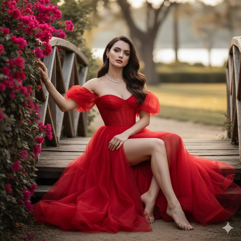 Cinematic Fine-Art Portrait of Ana de Armas in a Red Gala Dress
