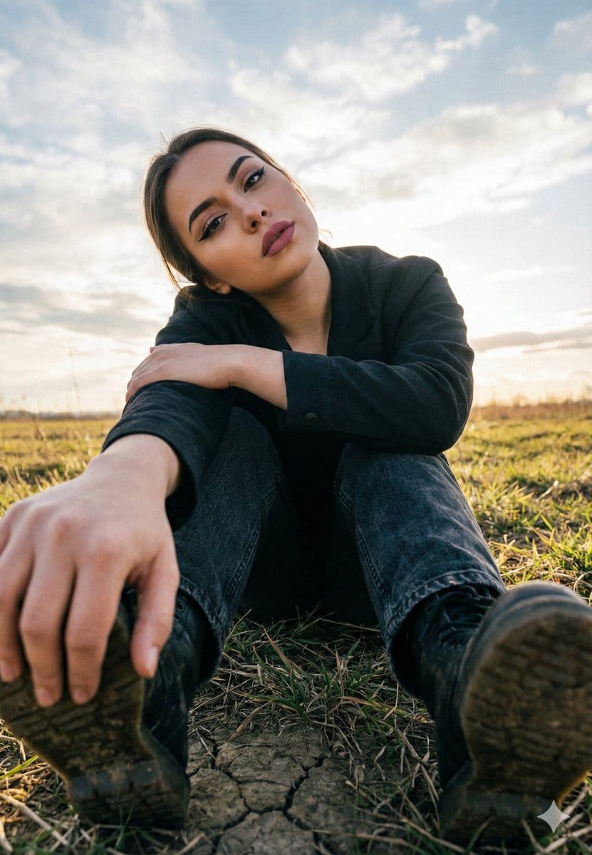 Cinematic Low Angle Portrait in a Dry Field