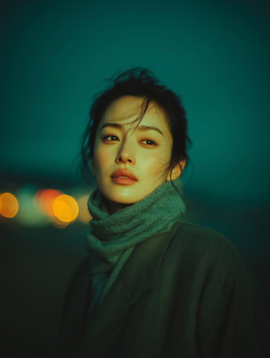 Cinematic Night Portrait with Teal-Green Grading