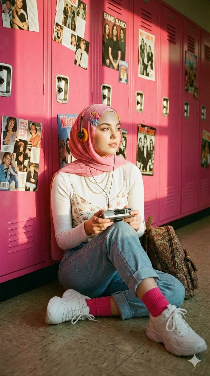 Cinematic Y2K Portrait of a Hijab Woman with a Cassette Player