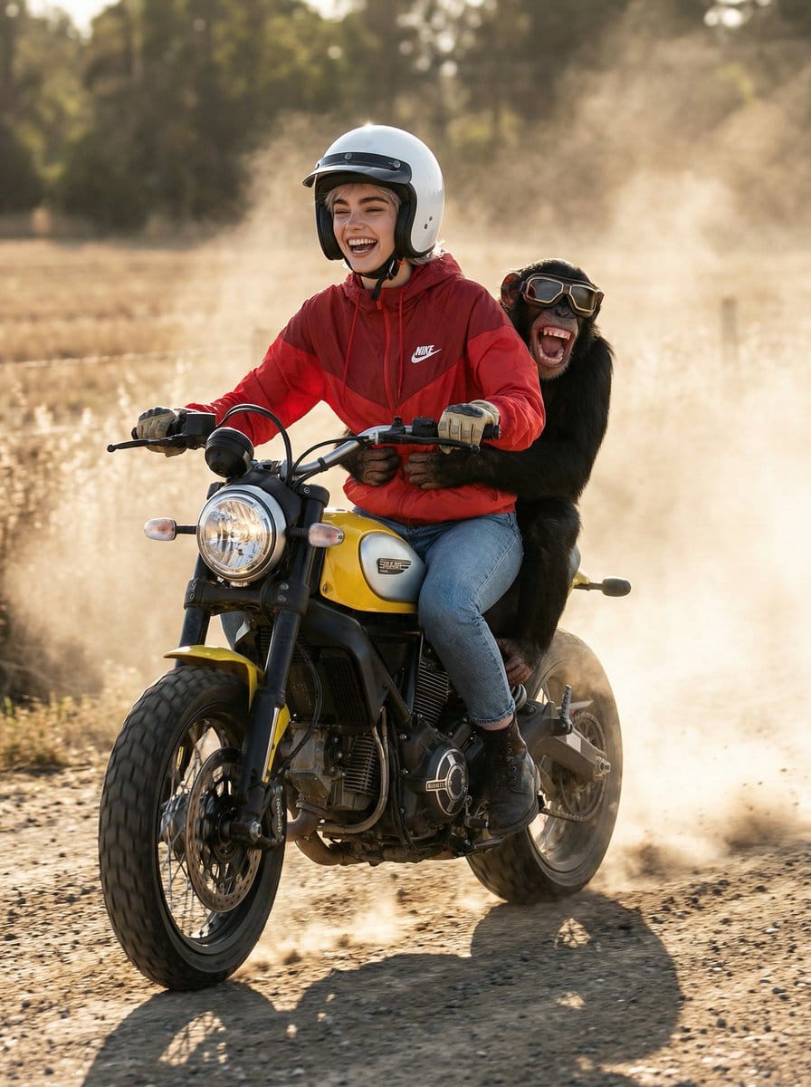 Cinematic Action Photo and Video Prompt (Woman and Chimpanzee on Motorcycle)