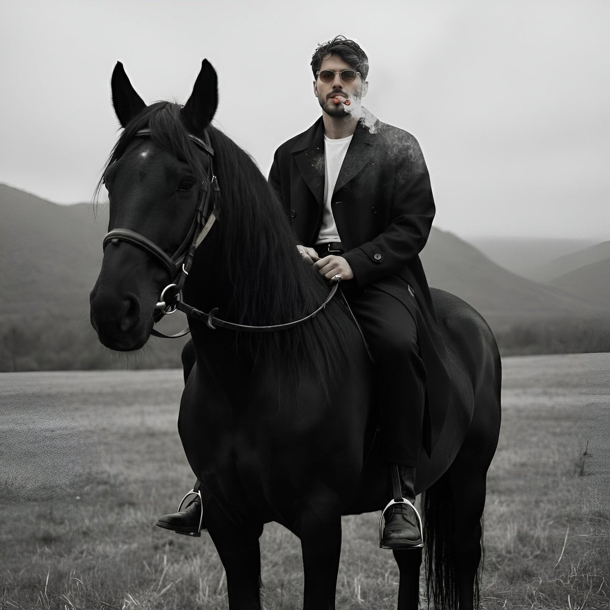 Cinematic Black and White Portrait Prompt of Man with Horse and Cigar