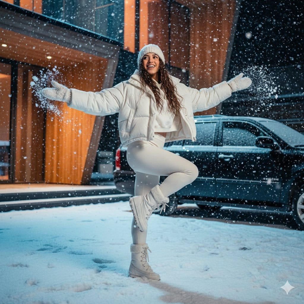 Cinematic Fashion Photo of a Woman Dancing in Heavy Snowfall