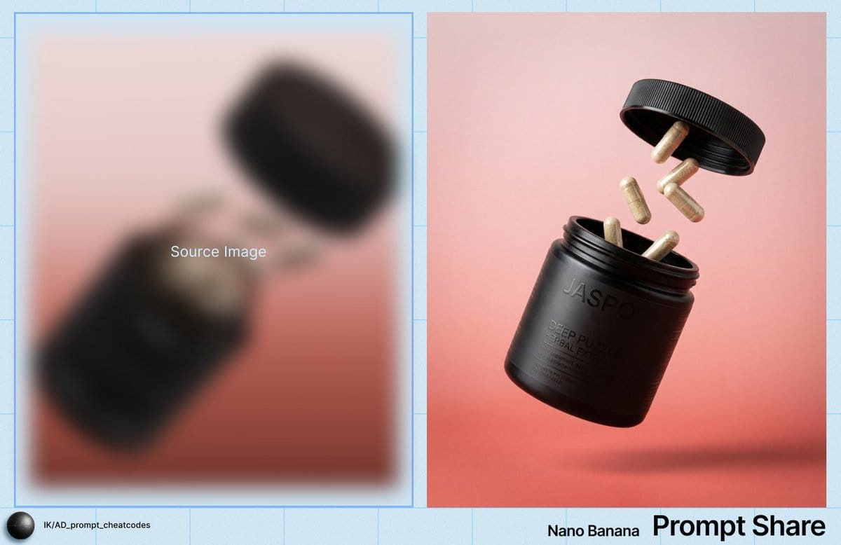 Commercial Product Shot of Levitating Supplement Jar and Capsules