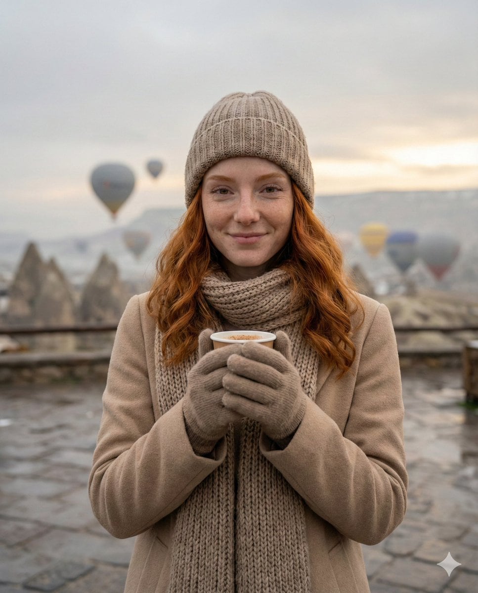 Cozy Winter Travel Photo in Cappadocia with Hot Air Balloons