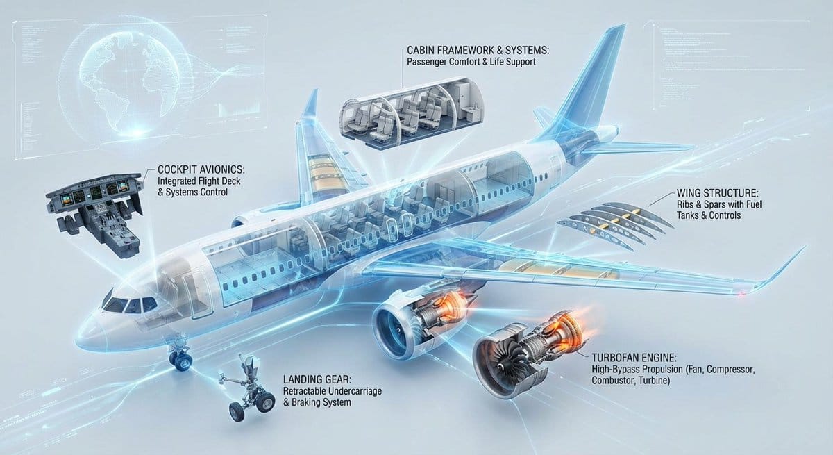 Gerador gratuito de Cutaway infographic of a modern jet airliner ...