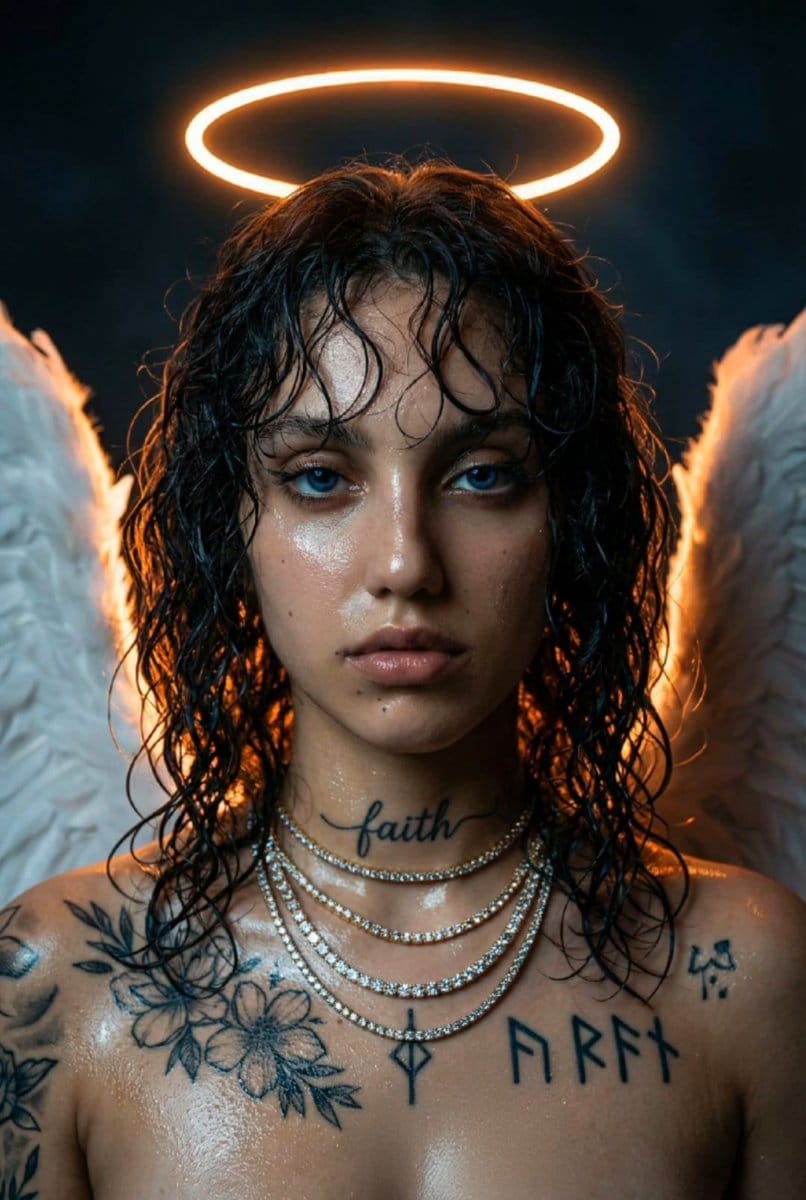 Dark Fantasy Neon Portrait with Glowing Halo Prompt