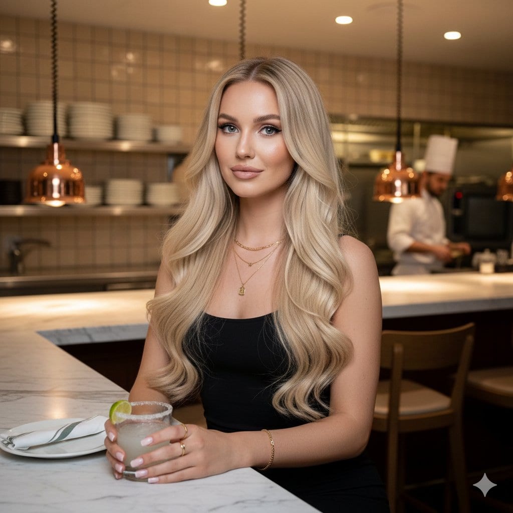 Detailed portrait of Polina Gagarina in a restaurant kitchen