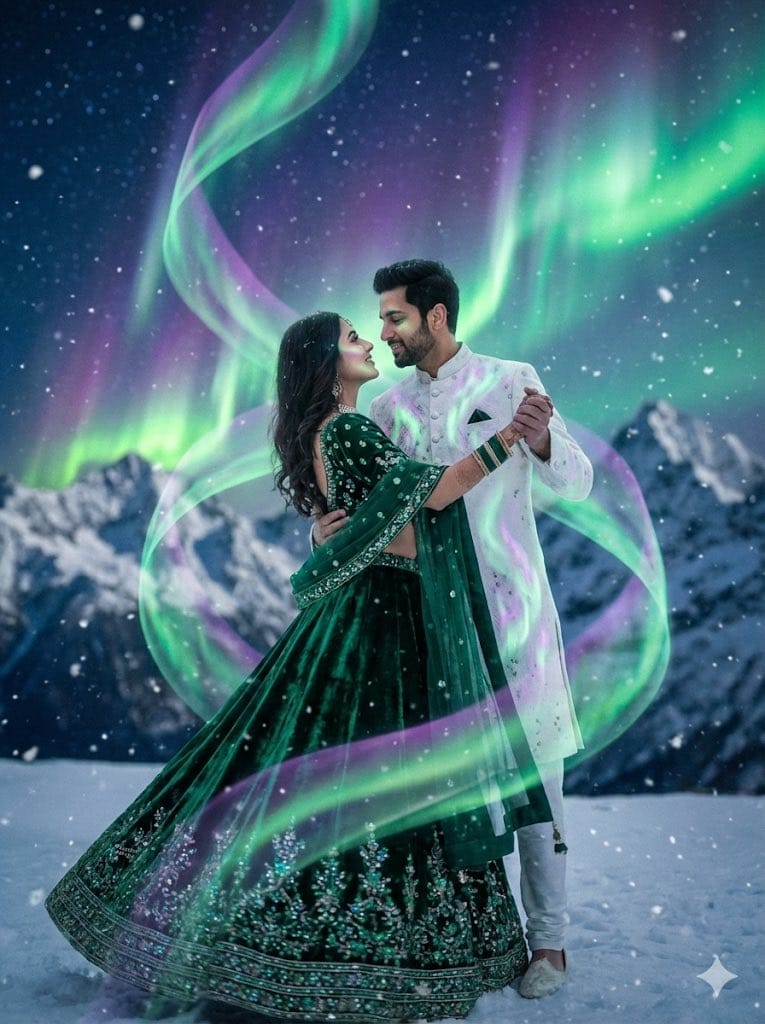 Dreamy Surreal Pre-Wedding Dance under Aurora Borealis
