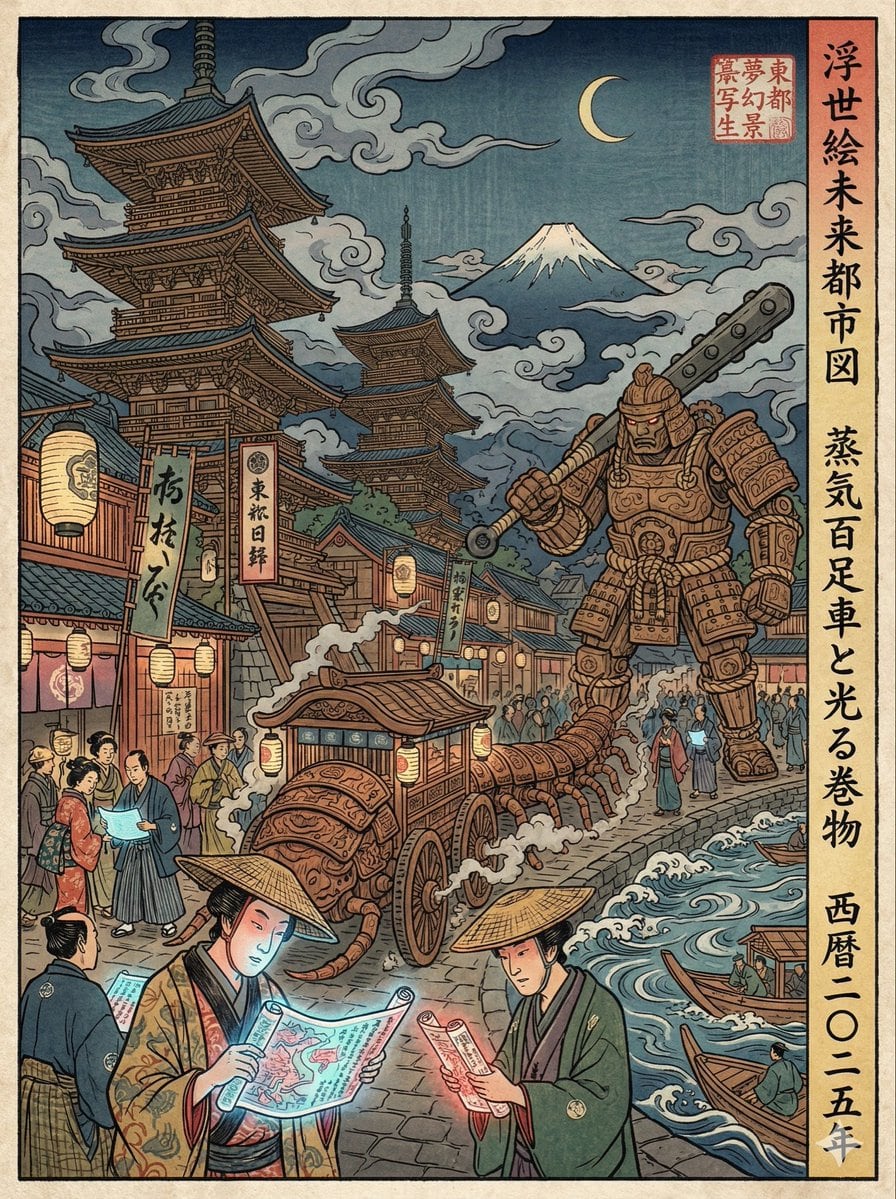 Edo-period Ukiyo-e reinterpretation of a modern scene