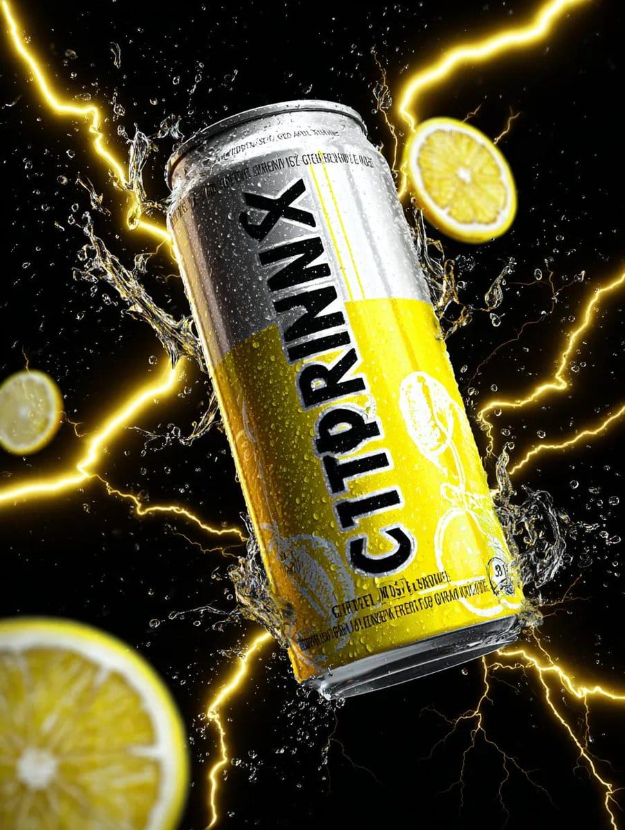 Energy Drink Can with Green Apple Splash and Neon Lightning