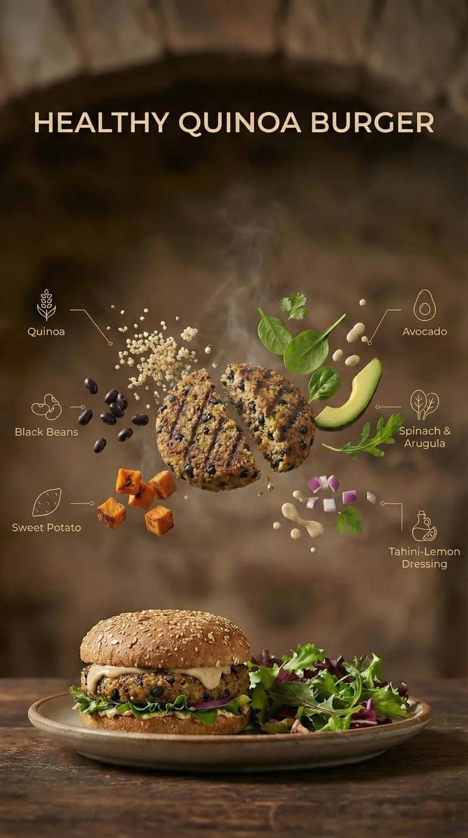 Exploded View Quinoa Burger Commercial Photography Prompt