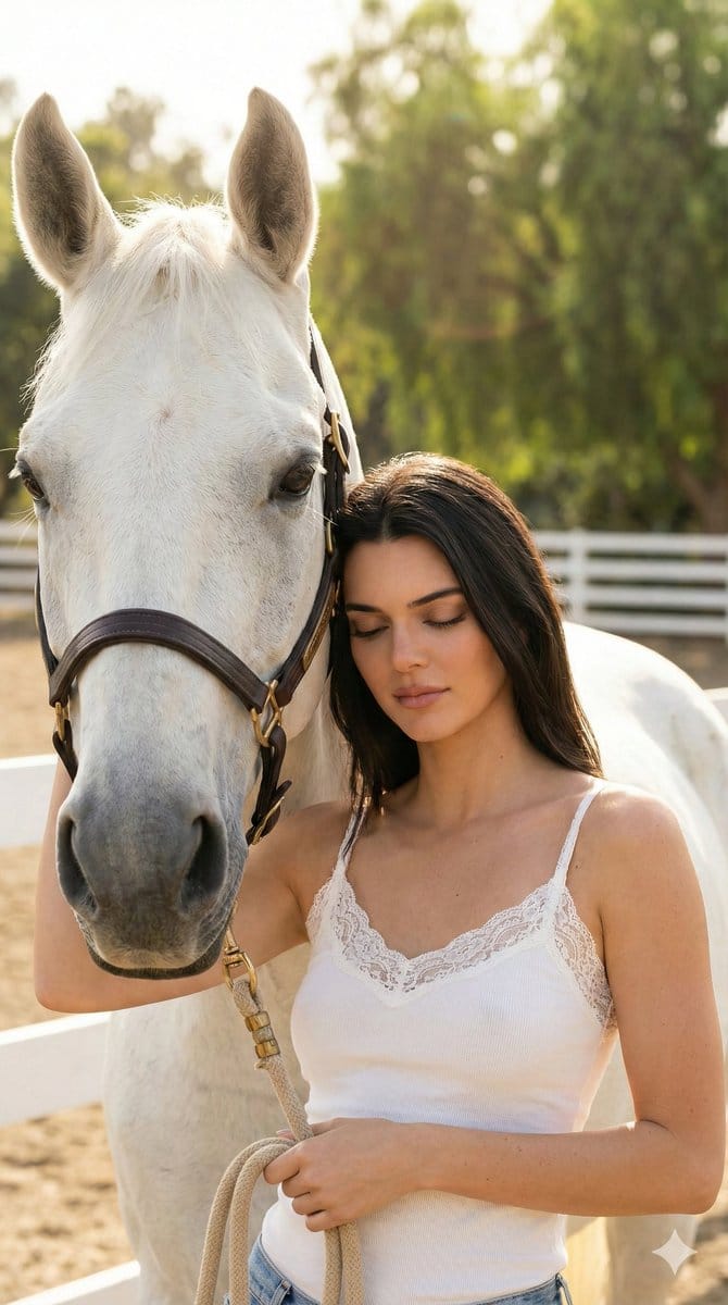 Fashion editorial of a woman embracing a white horse at golden hour