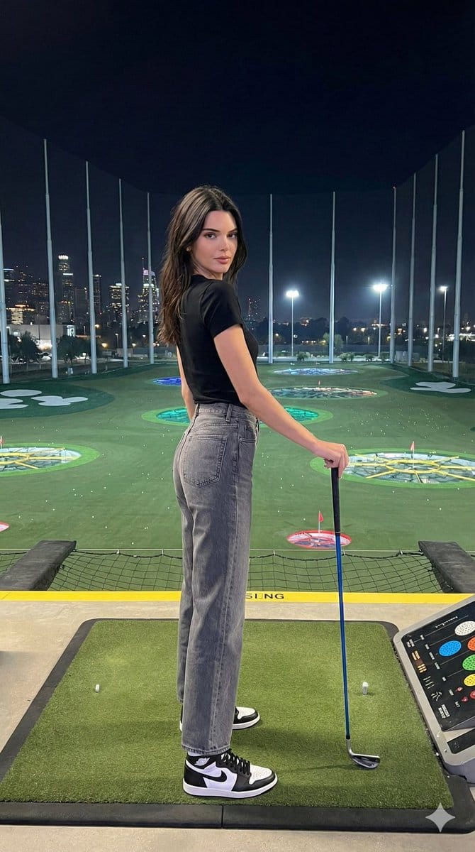 Fashion editorial of Kendall Jenner at a luxury night golf range