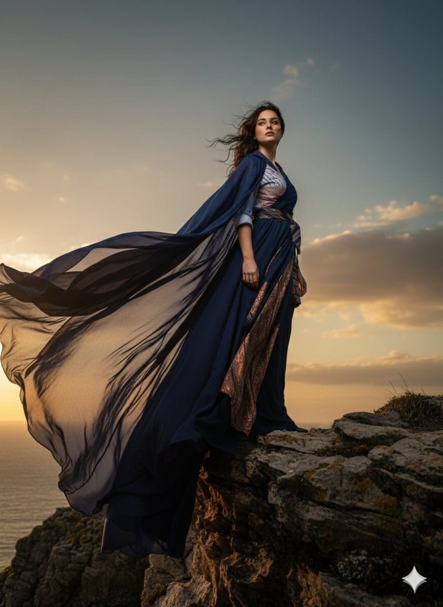 High-Fashion Cinematic Portrait Emphasizing Motion