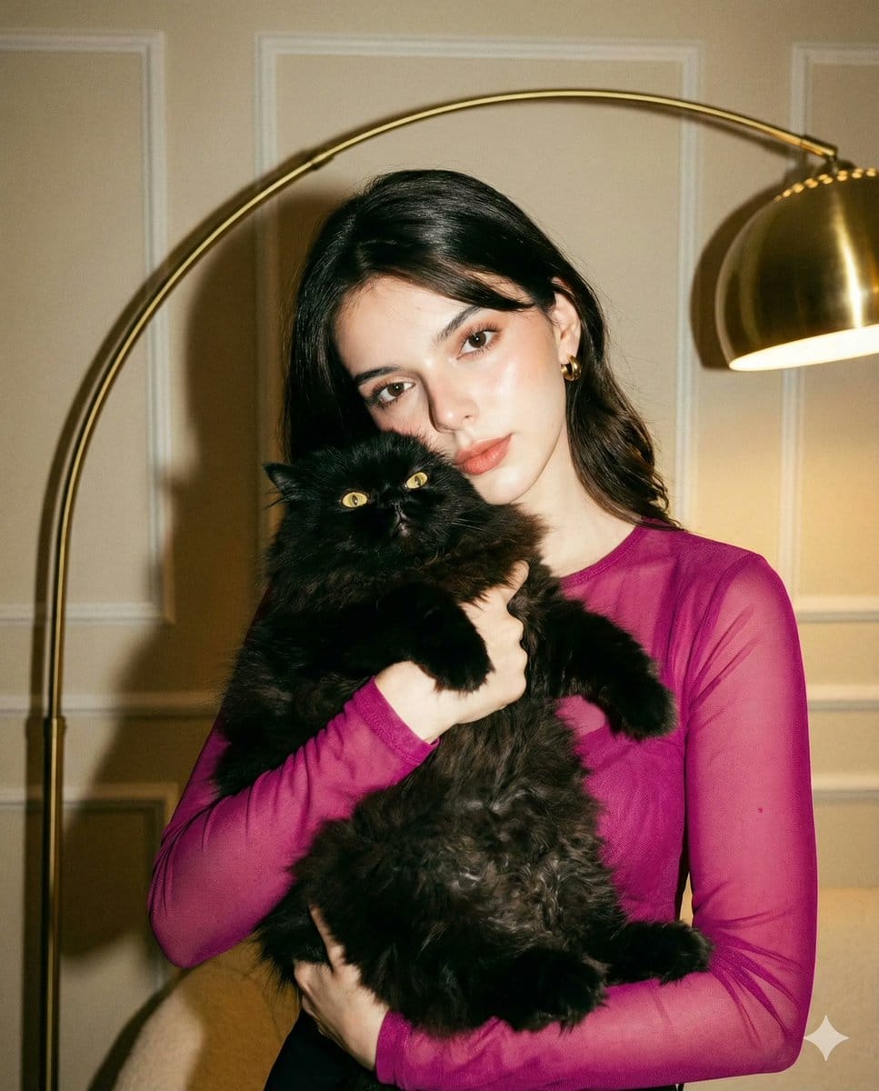 High-Fashion Flash Photo with Cat (Facial Edit Lock)