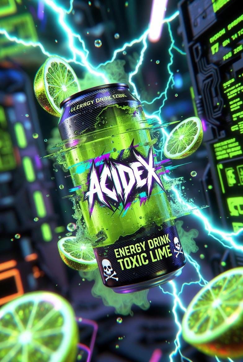 Hyper-Realistic Neon Energy Drink Product Shot Prompt