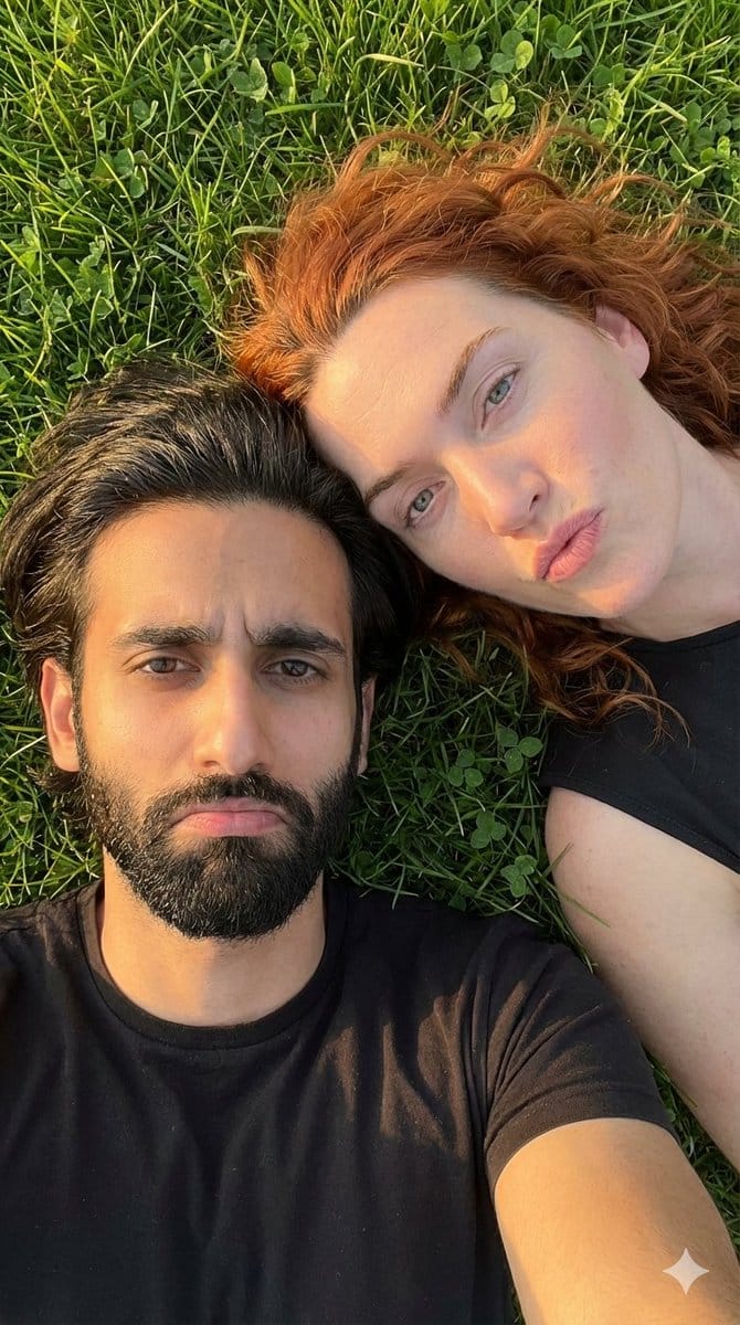 Hyper-Realistic Couple Selfie on Grass Prompt