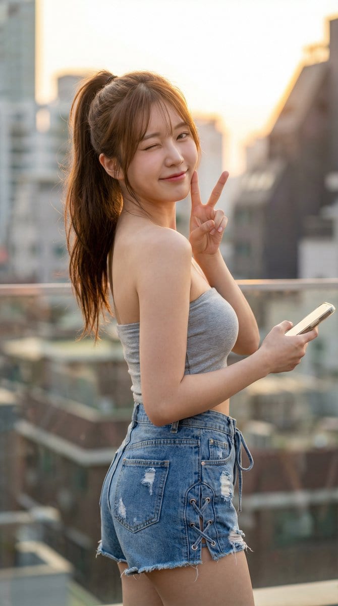 Hyper-realistic Flirty Golden Hour Portrait in Bikini and Denim Shorts