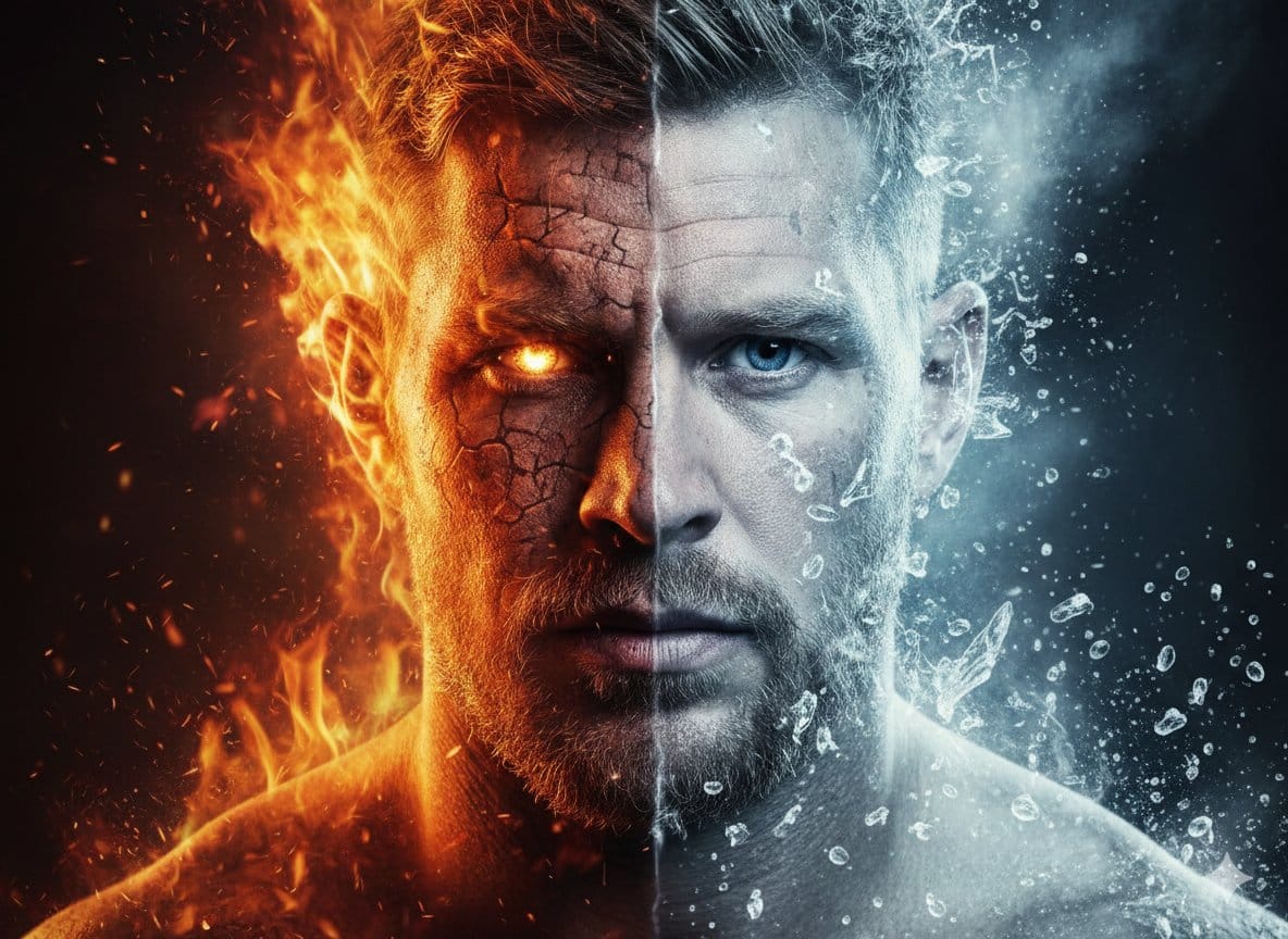 Hyperrealistic Portrait Split by Fire and Ice