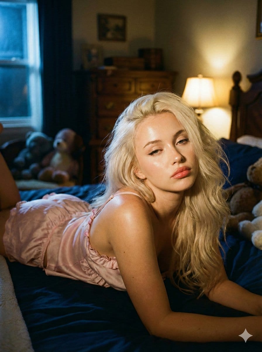 Intimate Low-Light Bedroom Portrait with Vintage Film Aesthetic