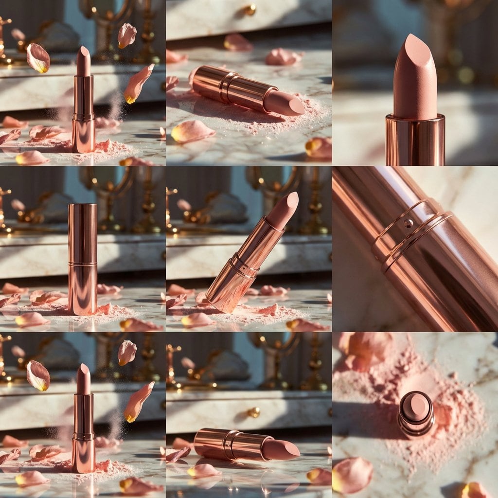 Macro product photography of rose-gold lipstick