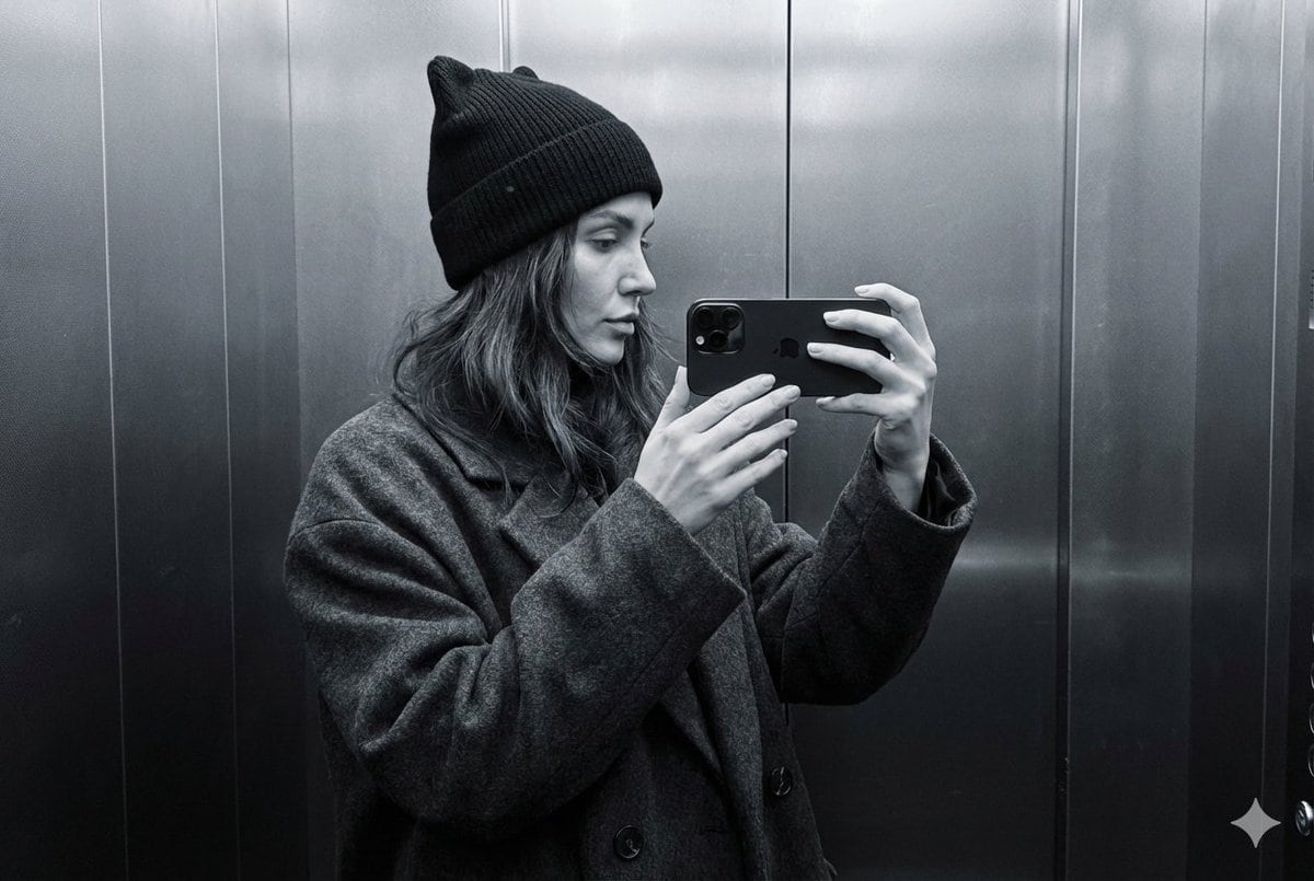 Monochrome Elevator Mirror Selfie with Cat-Ear Hat