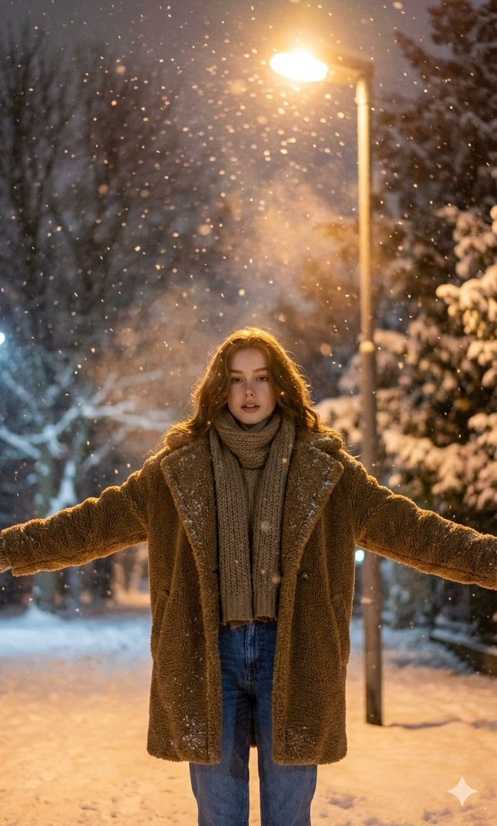 Nighttime Winter Scene with Strict Face Identity Lock