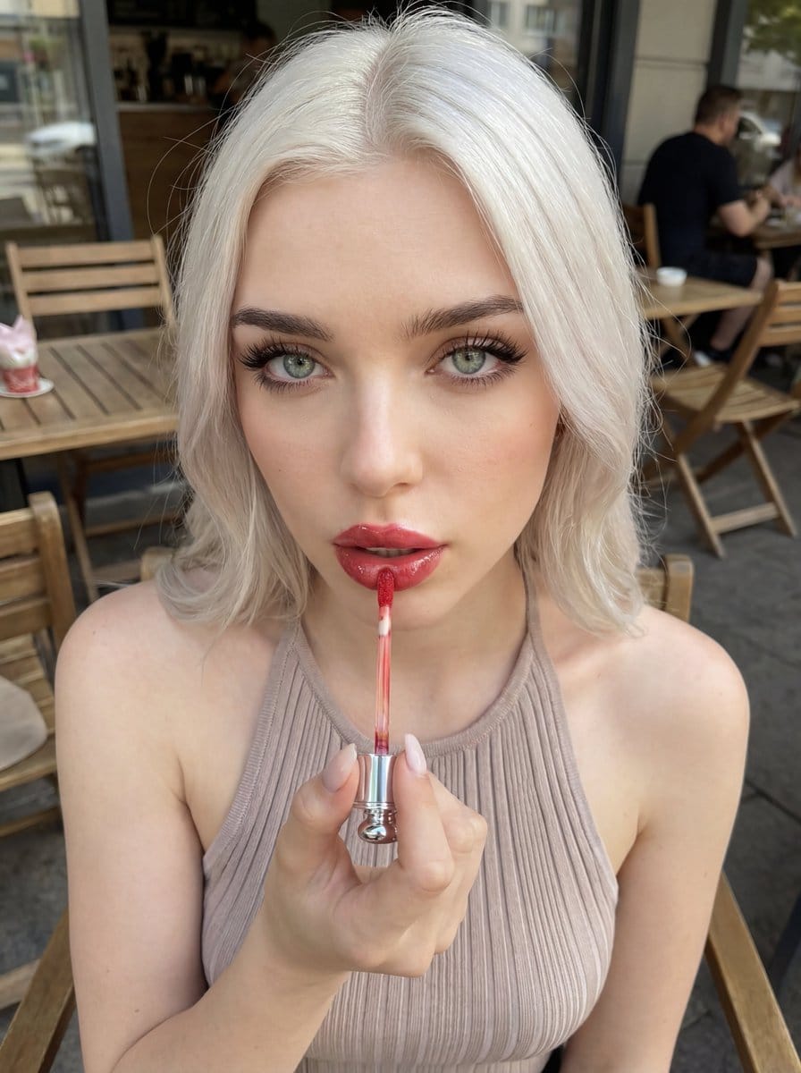 Outdoor Cafe Lip Gloss Application Beauty Portrait Prompt
