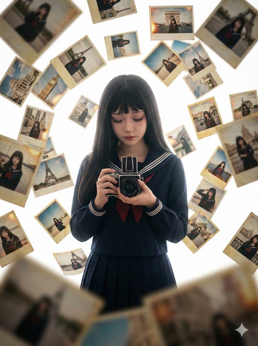 Photorealistic Asian Girl with Floating Photos Prompt (JSON Format)