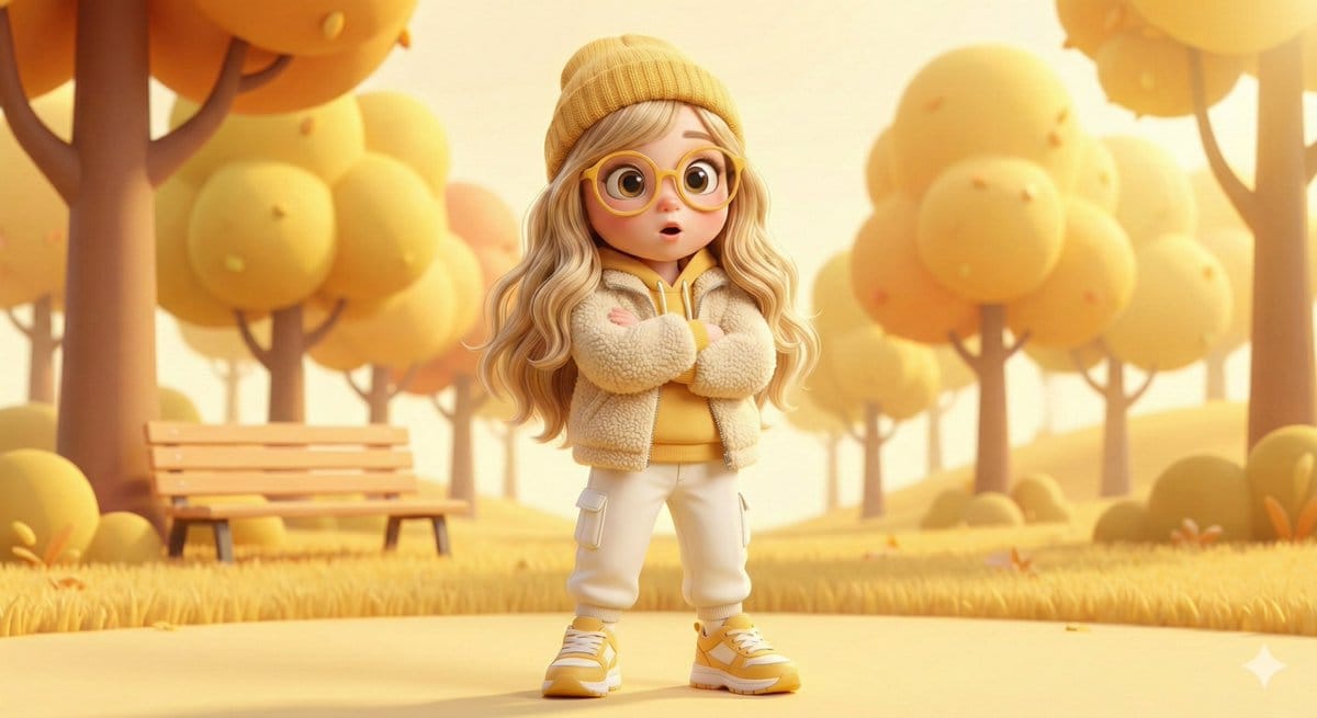 Pixar-style 3D character of a cheerful girl in yellow