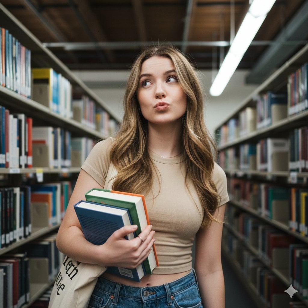 Playful Library Portrait with Books