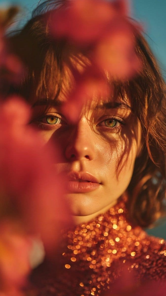 Poetic Cinematic Portrait with Pink Blossoms Prompt